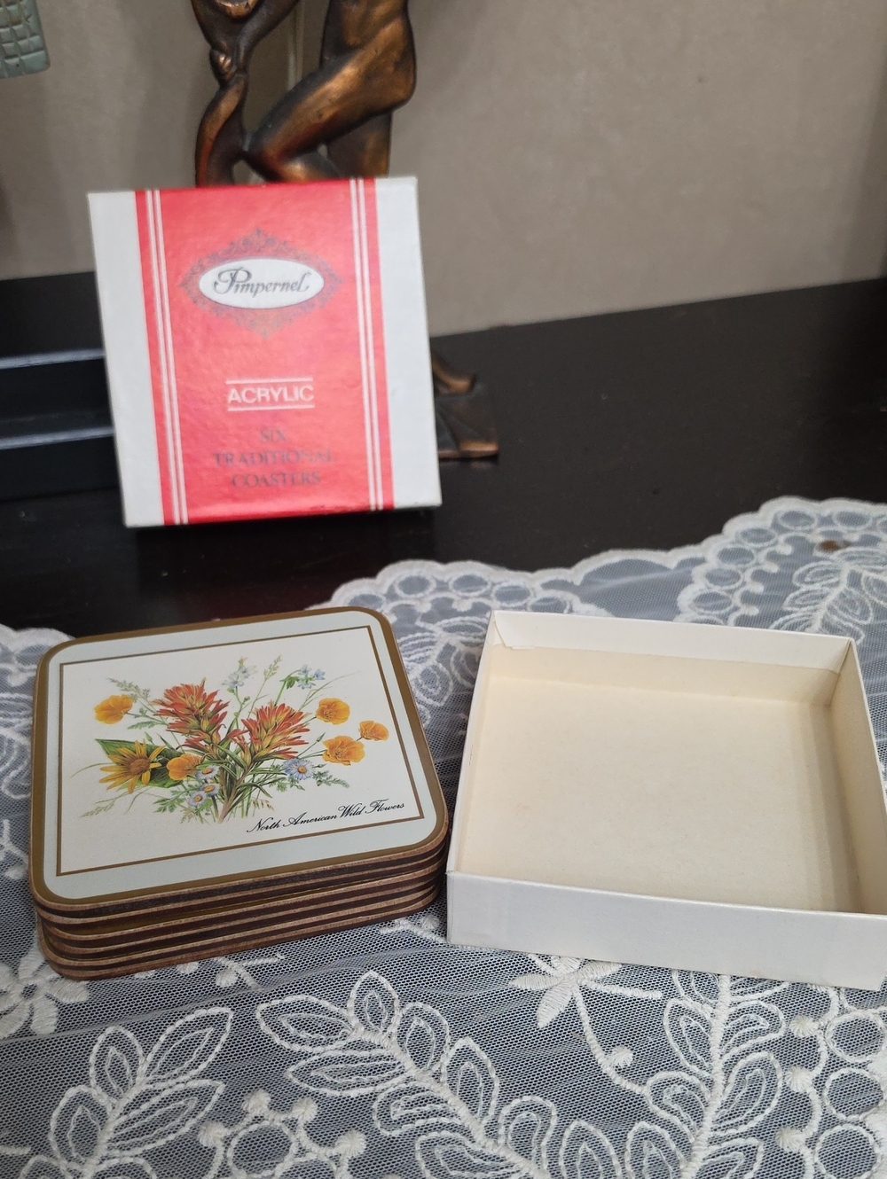 Vtg 1950 Pimpernel Yellow Brown Floral Acrylic Coaster Set Of 6 Canada Flowers